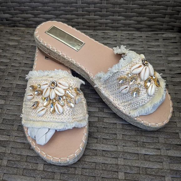 Women Rhinestone & Shell Decor Espadrille Sandals,Beige Outdoor Straw - Picture 4 of 6